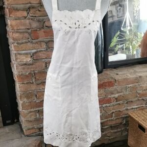 French Country style apron with embroidered roses and eyelet cutout.  One size.
